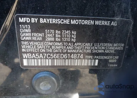 2014 BMW 528I xDrive из США, поврежденный, VIN WBA5A7C56ED614874